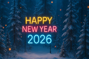 New Year's card for 2026. The non-standard numbers 2026 and the inscription "Happy New Year" against the background of a dark winter forest.