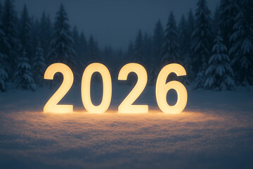 New Year's card 2026. Glowing Numbers 2026 in the snow, on a dark background.