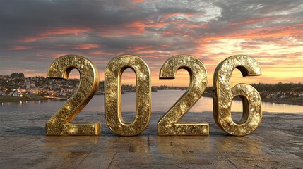 "2026" A beautiful holiday web banner featuring a golden game number 2026 against a sky background. Template with copy space for design