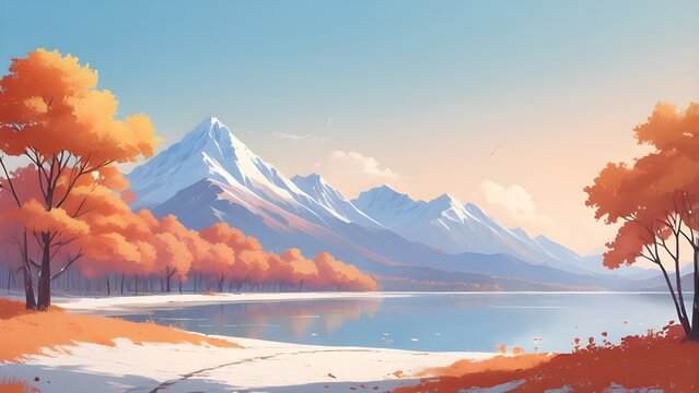 Beautiful Autumn Nature Scenery with Lake, Mountains and Fall Foliage