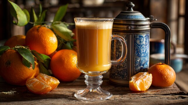 Refreshing Orange Beverage in Glass with Peeling Oranges and Vintage Mug against Rustic Wooden Background