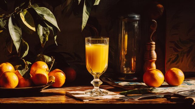 Freshly Squeezed Orange Juice in Elegant Glass with Oranges and Rustic Decor in Warm Natural Light Setting