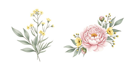 Watercolor floral set with elegant pink peonies, delicate yellow wildflowers, and lush green leaves. Perfect for spring, summer, and botanical design projects