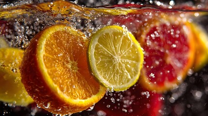 Vibrant citrus fruit slices submerge into clear liquid creating many splashes and bubbles.