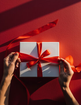 Fotograf&iacute;a en primera persona en vista superior, de unas manos atando un lazo de cinta roja en una caja de regalo blanca, sobre un fondo rojo.