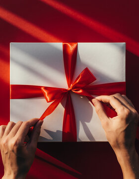 Fotograf&iacute;a en primera persona en vista superior, de unas manos atando un lazo de cinta roja en una caja de regalo blanca, sobre un fondo rojo.
