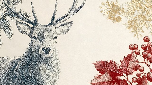 Vintage Stag Illustration: Winter Pine, Gold Berries, and Rustic Holiday Art