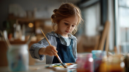 Healthy youngster painting with paintbrush indoor faceless child defocused background artistic activity scene creative development moment six years educational expression