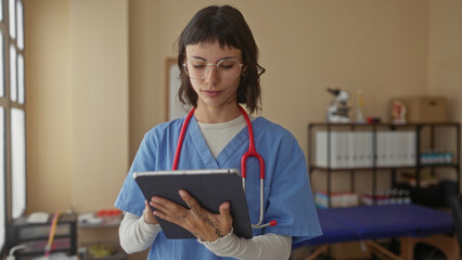 Woman doctor wearing blue scrubs and stethoscope points finger at tablet in building filled with shelves and exam table; confidence care.