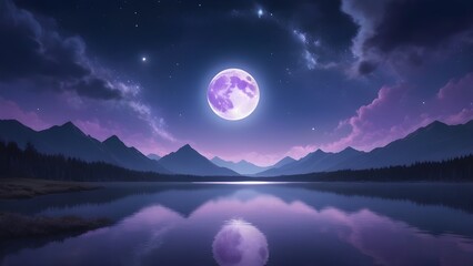 Fototapeta premium Full Moon Reflecting on Lake at Night with Starry Sky Tranquil Scene with Mountains and Forest in Background Under Purple Cloudy Sky Serene Reflection Landscape