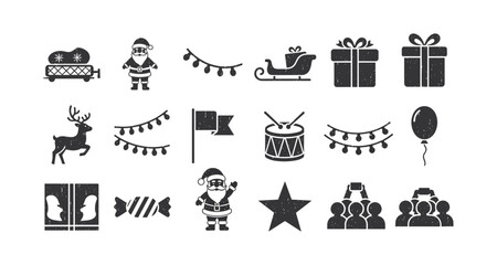 Obraz premium Festive holiday icons set featuring santa, sleigh, and gifts in grunge style