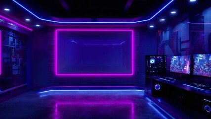 Neon gaming room interior with blank screen modern cyber space for esports and streaming perfect for technology and entertainment concepts - Powered by Adobe