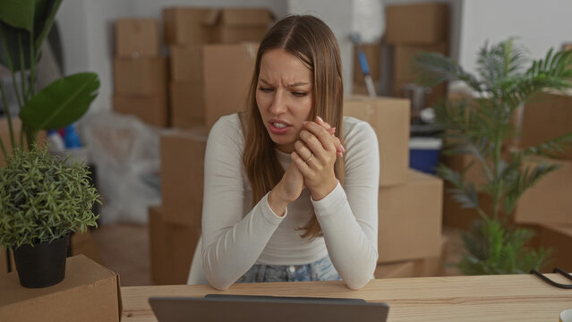 Woman at laptop with hands clasped to face in building surrounded by moving boxes and plants; moving day frustration.