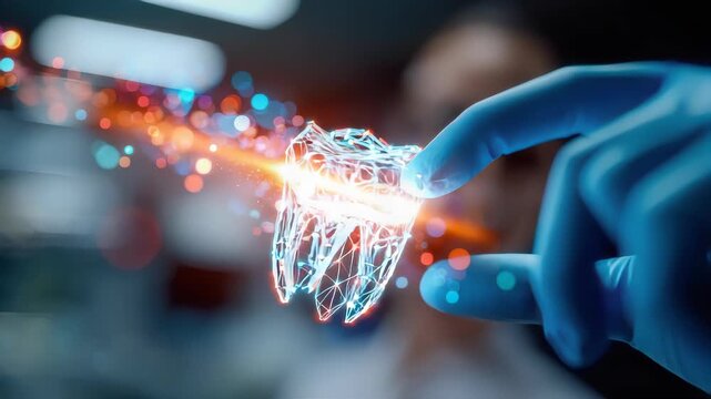 Gloved hand holding a glowing holographic digital tooth made of bright connected particles - Powered by Adobe