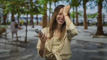 Young woman laughing while holding smartphone in sunny park among trees and sunlit pathway; joyful connection.