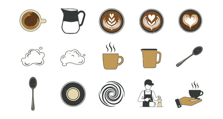 Coffee icons with latte art and barista tools in modern flat design