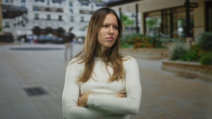 Woman with arms crossed on street plaza near storefront and fountain, frowning with eyes narrowed and tense posture; annoyed defiance.