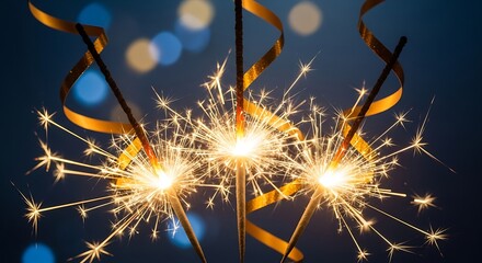 Three sparklers burning brightly with golden ribbons against a dark blue background with bokeh lights