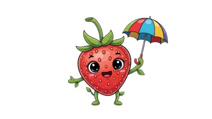 Cute happy strawberry character holding colorful umbrella on black background design