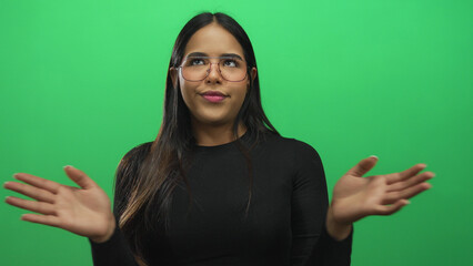 Woman hands clapping unfold on a green set featuring a young latin hispanic model isolated against...