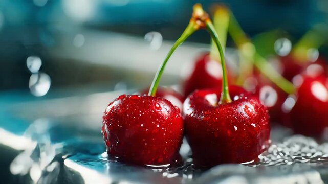 Fresh red cherries covered in water droplets, sitting in a metal strainer with sparkling highlights