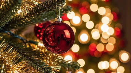 Sparkling Christmas tree with vibrant red ornaments gently swinging, creating a cozy holiday atmosphere perfect for festive cheer and family gatherings