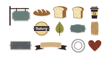 Vintage bakery and cafe elements collection with labels and icons