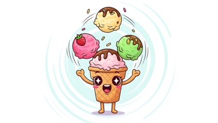 Cute ice cream cone juggling scoops with smiling face and swirls