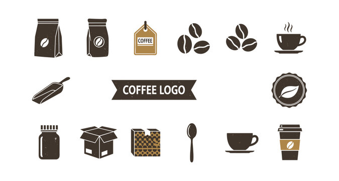 Coffee branding icons: retro style logos, cups, and packaging elements for cafes
