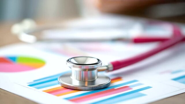 Stethoscope on graphs charts showing defocused healthcare data, faceless medical research, statistics visualization detail, blurred analysis background, public health concept, prev