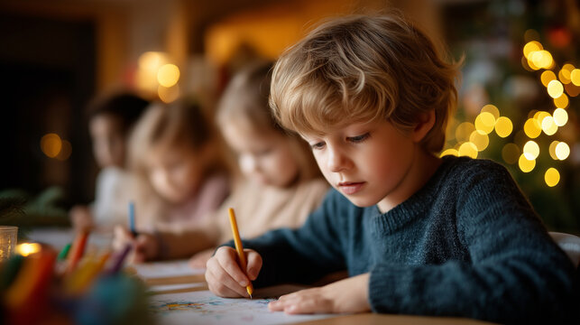 Festive creativity idea with youngsters defocused holiday background seasonal activity concept family craft scene celebration project visualization with copy space