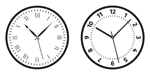 Two analog clocks displaying different times with roman and arabic numerals