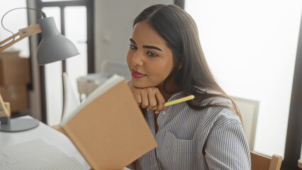 Young woman reading book in new home living room, pondering thoughts while sitting indoors in modern apartment, suggesting peaceful and reflective atmosphere.