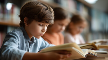 Youngsters reading colorful books in library faceless children defocused educational background symbolizing education literacy learning together knowledge acquisition scene