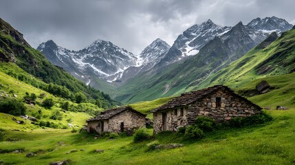 Obraz premium Rustic stone dwellings sit nestled in a vibrant green alpine valley below dramatic snowy peaks