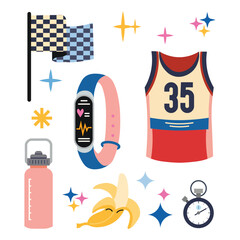 A colorful collection of fitness and racing themed icons and objects