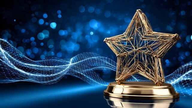 Unique golden star trophy on a shiny base with shimmering blue background