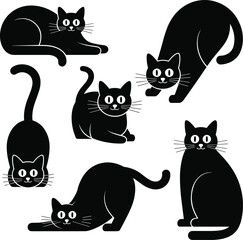Black cat silhouettes collection, playful and curious cat poses, vector illustrations, isolated on white background, perfect for pet design projects.