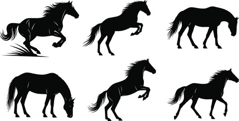 Black horse silhouettes in various dynamic poses, running, jumping, grazing, elegant stallions, wild horses, nature, animal, equine, freedom, motion, power, beauty, outdoors