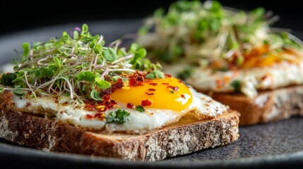 Deliciously prepared sunny side up eggs topped with fresh microgreens and spices on toasted whole grain bread, perfect for a healthy breakfast or brunch