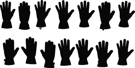 Black glove silhouettes collection, protective handwear icons, safety equipment, fashion accessory, industrial work gloves, vector illustration set, isolated design elements