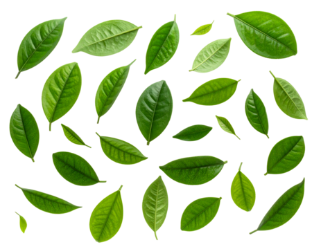 Fresh green leaves floating on a dark backdrop creating natural pattern