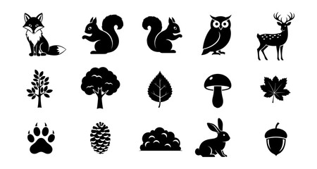 Naklejka premium Nature silhouettes: woodland animals and forest elements in black design