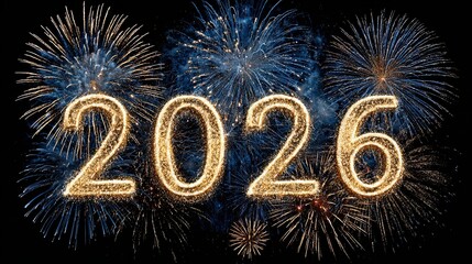 "2026" fireworks background. 2026 fireworks card in blue and gold for a company. Vector illustration.