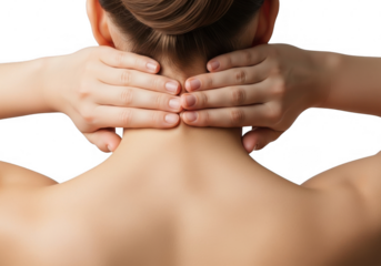 Woman gently massaging her aching neck and shoulders from behind, finding relief from pain and tension.