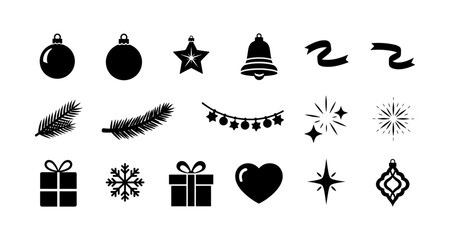 Silhouette christmas icons: ornaments, gifts, and festive symbols for holiday designs