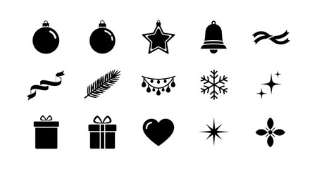 Festive holiday icons collection in black silhouette style for seasonal design