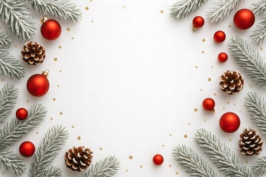 Minimalist Christmas flat-lay with a wide white background center, framed on all sides by frosted pine branches, snow-dusted pinecones, and glossy red Christmas baubles. - Powered by Adobe