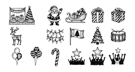 Naklejka premium Hand drawn christmas elements with santa, gifts, and decorations for festive designs