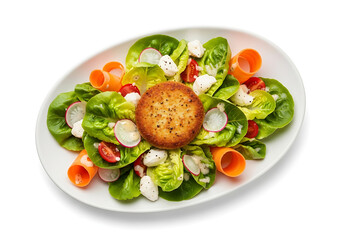 Fresh green salad with goat cheese and toasted bread on a white plate